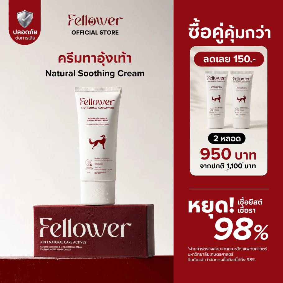 Fellower ครีมทาอุ้งเท้าสุนัข 3in1 ดูแลอุ้งเท้าแดง คัน เลียเท้า ยีสต์ ซึมไว ไม่เหนียว ปลอดภัยเลียได้ Paw Cream 50ml