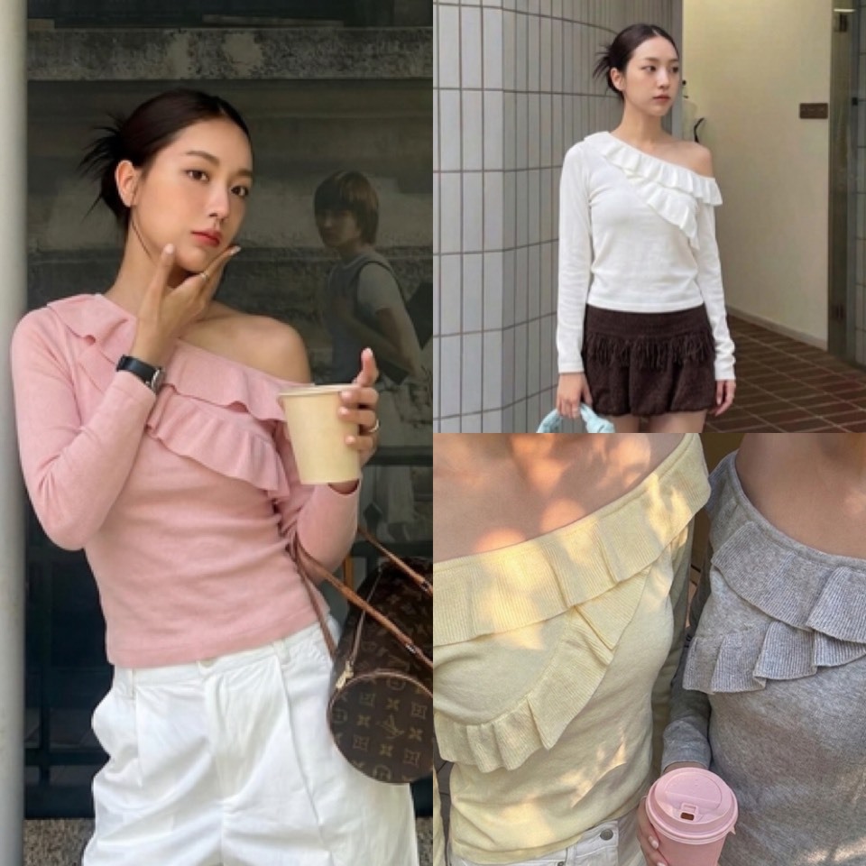 Sugar Shoulder เสื้อไหมพรมปาดไหล่ระบาย