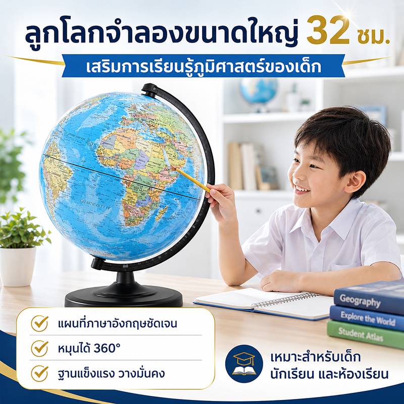 ลูกโลกภาษาอังกฤษ 25/32 ซม. หมุนได้ 360° ลูกโลกตั้งโต๊ะ แผนที่โลก สื่อการเรียน อุปกรณ์การเรียนภูมิศาสตร์