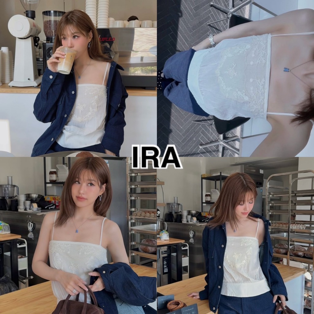 BY IRA (2026-165) Shally Top  เสื้อสายเดี่ยว  แต่งลูกไม้ด้นาหน้าผ้าชีฟอง  สายปรับได้