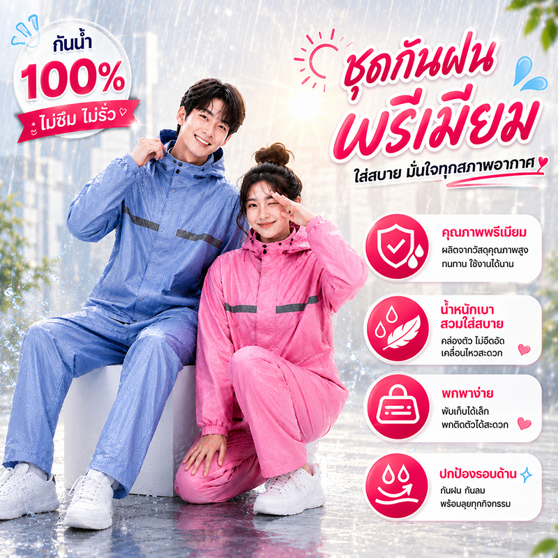 ☔ กันน้ำ 100% ชุดเสื้อกันฝนคุณภาพดี ฮู้ดกันลมโปร่งใส เหมาะสำหรับทั้งชายและหญิง มีหลายสีให้เลือก