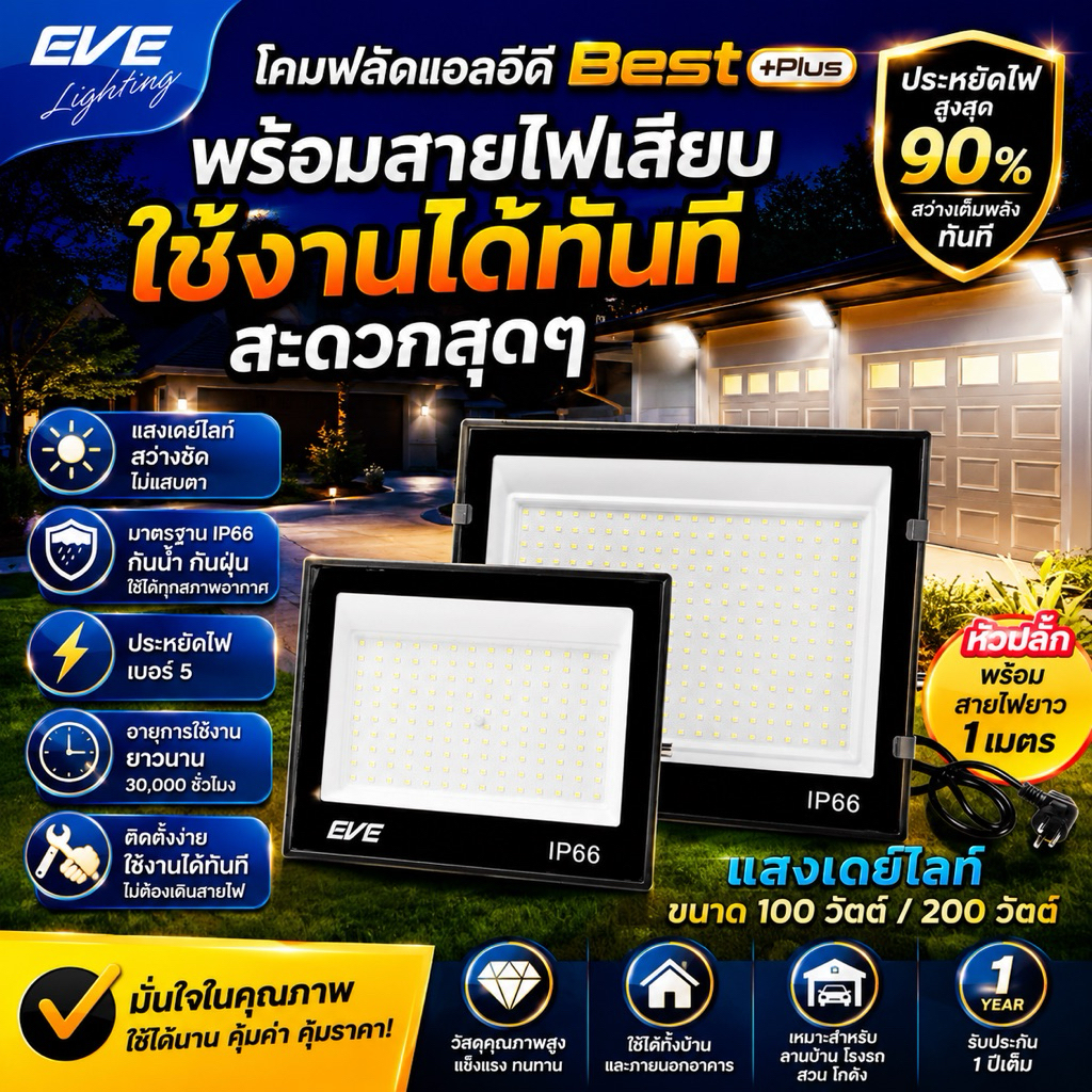 โคมฟลัดไลท์ พร้อมปลั๊ก สายยาว 1 เมตร แอลอีดี LED BEST PLUS ขนาด 100W และ 200W แสงขาว 6500K