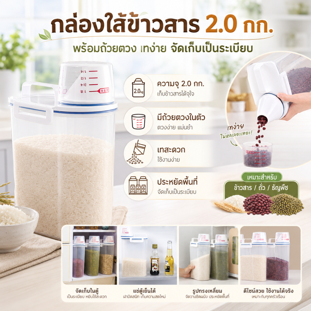 [No.2775] Gion-กล่องใส่ข้าวสาร 2 กก. กล่องเก็บธัญพืช ฝาปิดมีหูจับ พร้อมถ้วยตวง เทง่าย ประหยัดพื้นที่ กล่องเก็บของในครัว