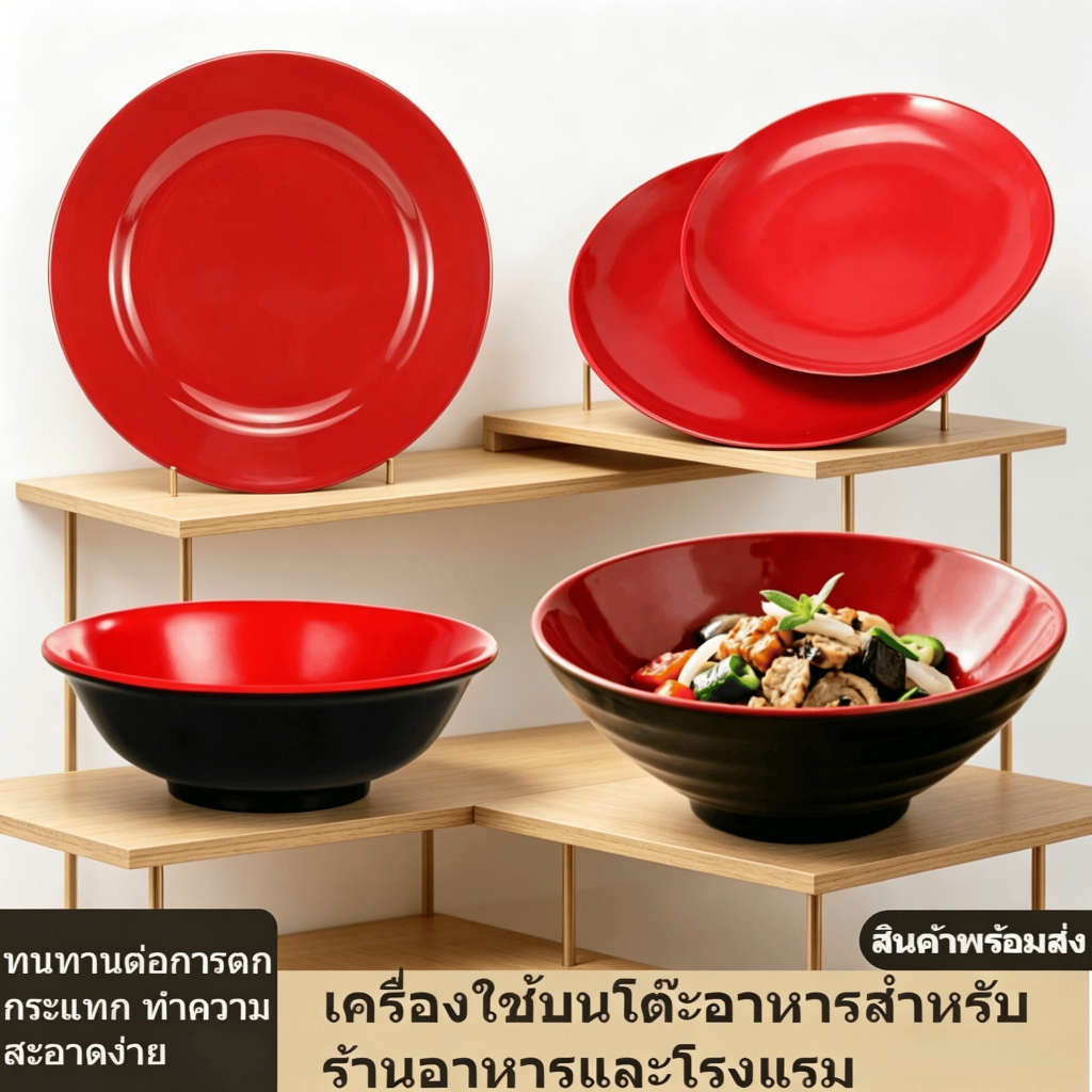 ชามเมลามีน 2 สี แดงดำ จานกลม ชามข้าว ชามซุป ชามบะหมี่ ภาชนะร้านอาหาร