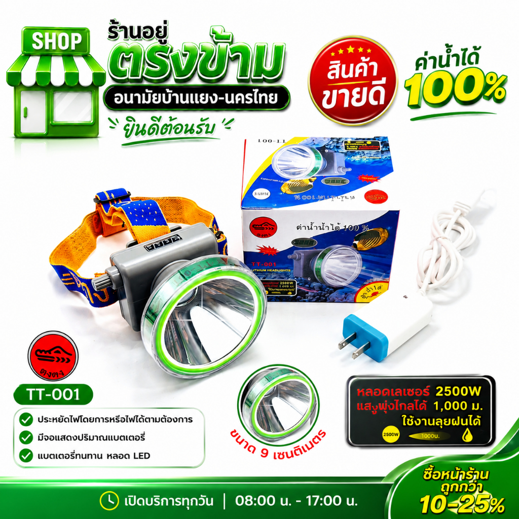 ไฟฉายคาดศรีษะ ไฟฉายตราตงตงTT-001 มีจอแสดงปริมาณแบตเตอร์รีใช้ส่องสัตว์ กรีดยาง ดำน้ำได้ ส่องกบ ให้แสงสว่างในที่มืด