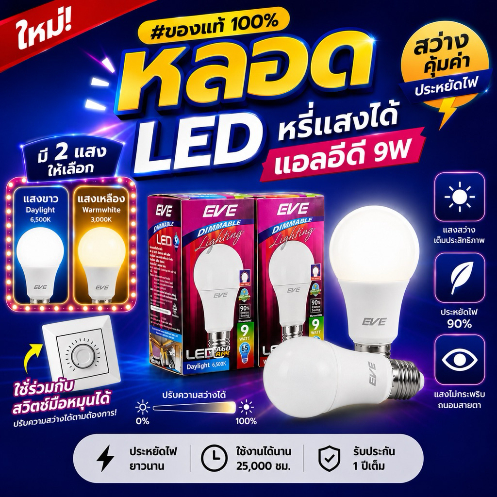 หลอดไฟ LEDปรับหรี่แสง ดิมเมอร์ หลอด แอลอีดี Dimmable 9W ขนาด 9 W แสงขาว แสงเหลือง ขั้วหลอด E27