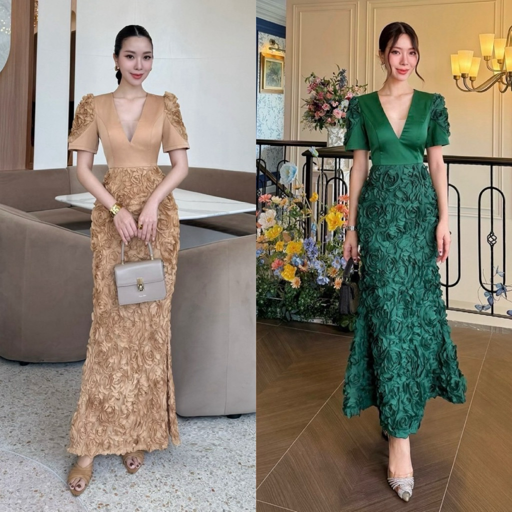 เดรสหางปลาตัวยาว เสื้อคอวีเสริมฟองน้ำ ตัวกระโปรงเป็นผ้าดอกกุหลาบแบบ3D ซิบหลังมีซับในทั้งชุด #abi