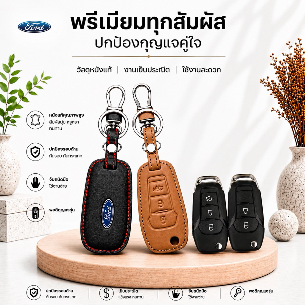ซองหนังแท้ใส่กุญแจรีโมทรถยนต์ Ford Ranger,Everest 2015-21 รุ่นหนังนิ่ม โลโก้-ฟ้า