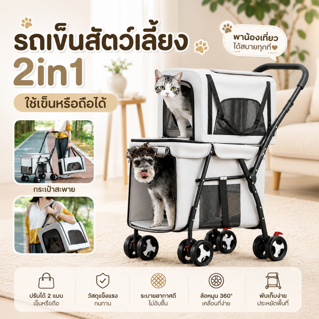 Bratvee รถเข็นสัตว์เลี้ยง 2 ชั้น รุ่นDBL66 รับน้ำหนักได้22kg ถอดแยกเบาะ พับเก็บได้ สำหรับสัตว์เลี้ยง 2-4 ตัว