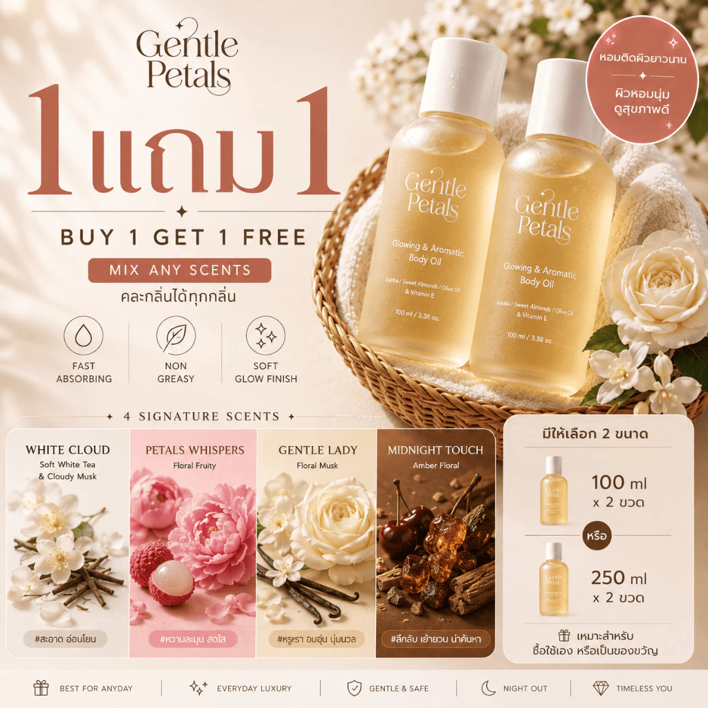 [1 แถม 1] Gentle Petals Glowing & Aromatic body oil บอดี้ออยล์ เนื้อบางเบา ซึมไว ปรับสมดุลผิว คืนความชุ่มชื้นให้ผิว