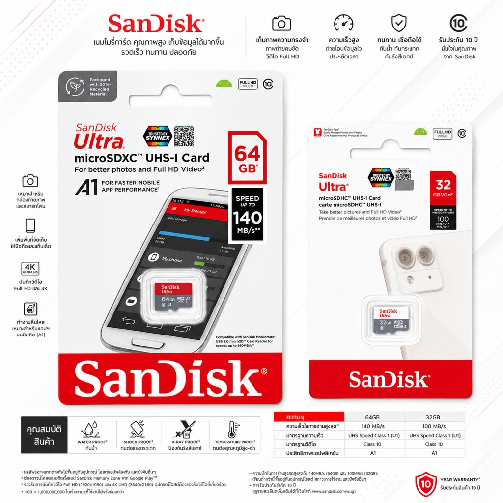 เมมโมรี่ SanDisk Ultra microSD TF32 GB TF64GB รับประกันสินค้า 10 ปี โดยผู้ผลิต (ตามเงื่อนไขที่กำหนด)