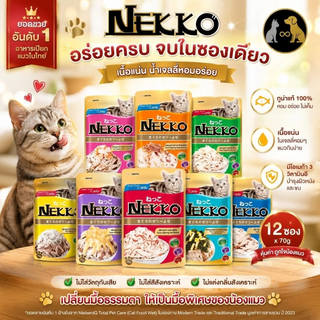 Nekko อาหารแมวเน็กโกะ อาหารแมวชนิดเปียกสูตรเยลลี่ ยกโหล12X70g