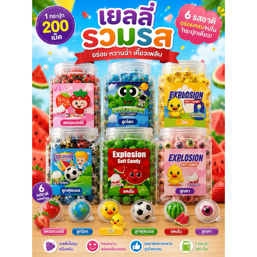 เยลลี่สอดไส้ผลไม้หลากรสหนึ่งกระปุก 200 เม็ด