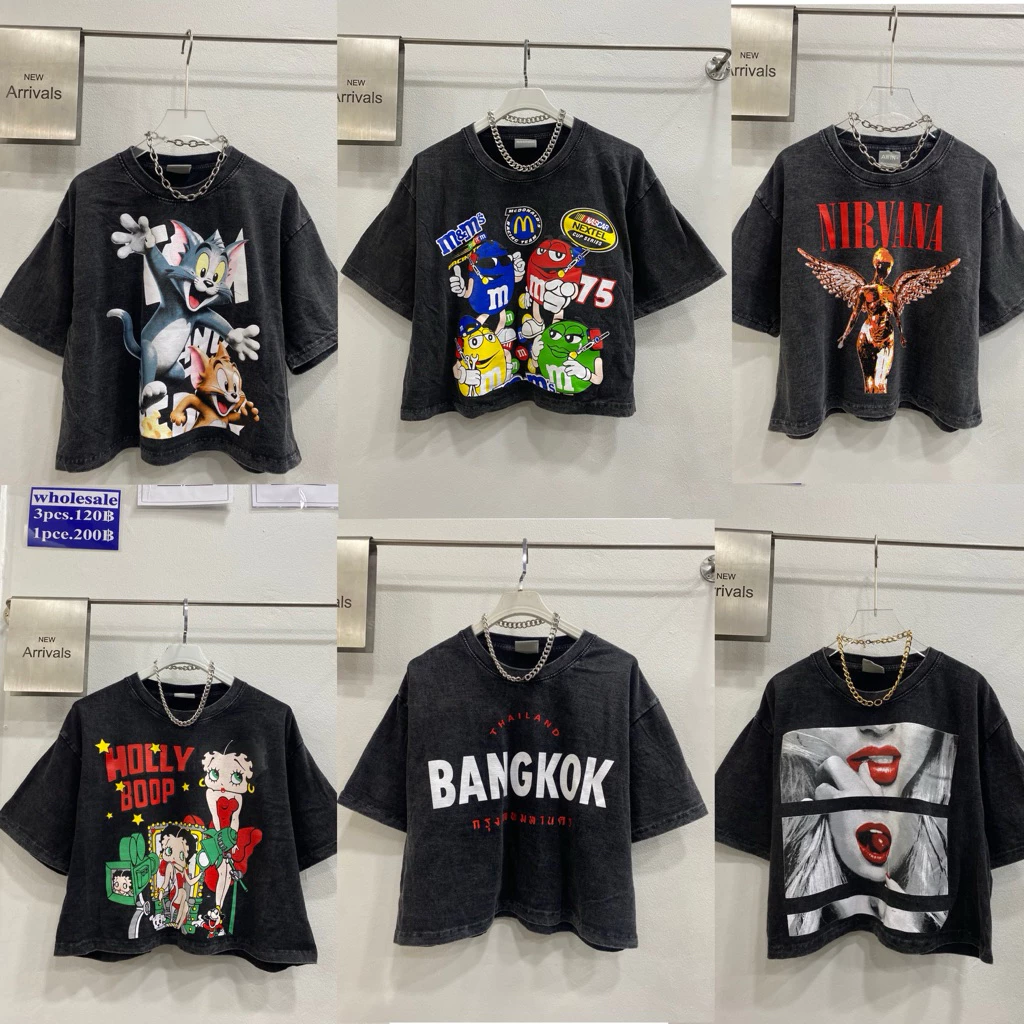 🌟STF_SHOP🌟เสื้อครอป ฟอกวินเทจ กันขอบล่าง ยาว19/20 อก44(Cotton no.32) สกรีนหน้า ลายน่ารักๆ