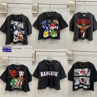🌟STF_SHOP🌟เสื้อครอป ฟอกวินเทจ กันขอบล่าง ยาว19/20 อก44(Cotton no.32) สกรีนหน้า ลายน่ารักๆ