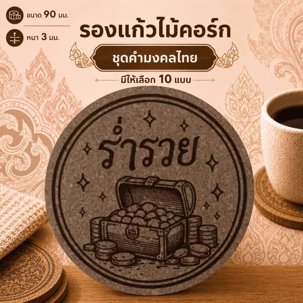 ที่รองแก้วไม้คอร์ก[ลายคำมงคลไทย]
