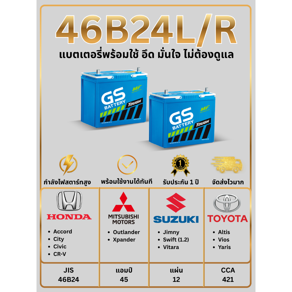 แบตเตอรี่ GS 46B24L,46B24R 12V 45แอมป์ พร้อมใช้งานทันที ไม่ต้องเติมน้ำกลั่น (แถมฟรี กันขี้เกลือ 1 ชุ