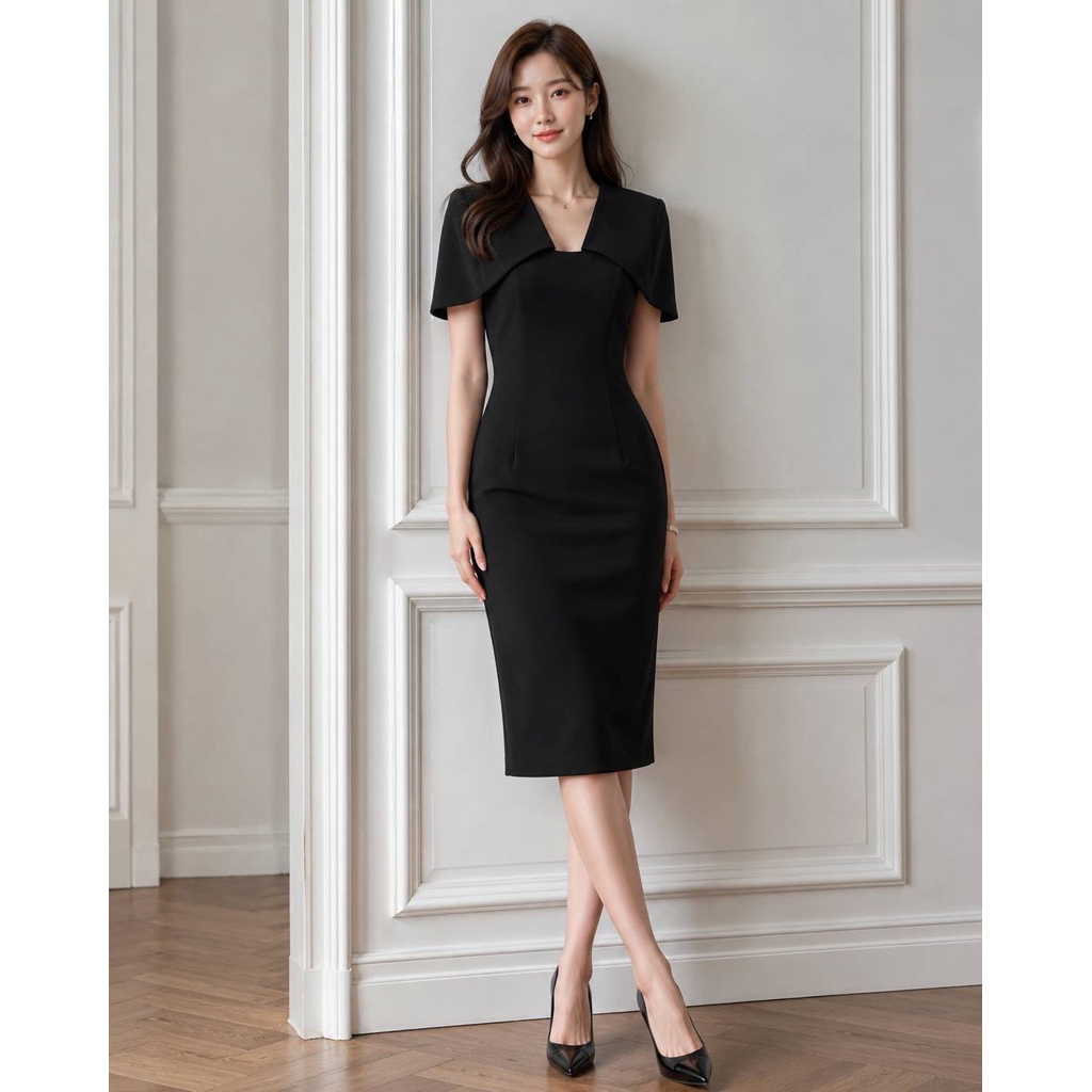 Weeya Aura Shoulder Cape Dress เดรสเข้ารูปกระโปรงทรงดินสอ เดรสไปงาน เดรสทำงาน เดรสเคป