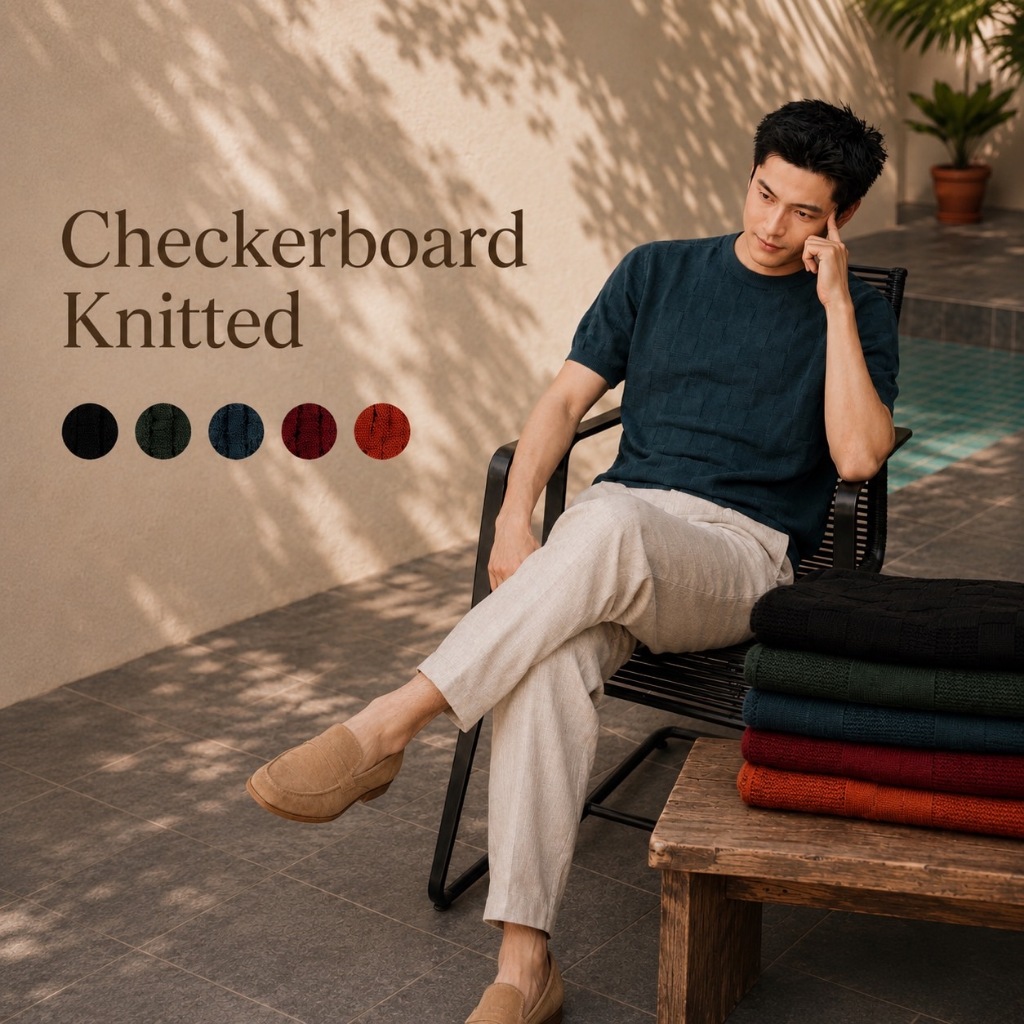 TOFFY & BROWN CHECKERBOARD KNITTED เสื้อนิตคอฟิตถักลายกระดานหมากรุก
