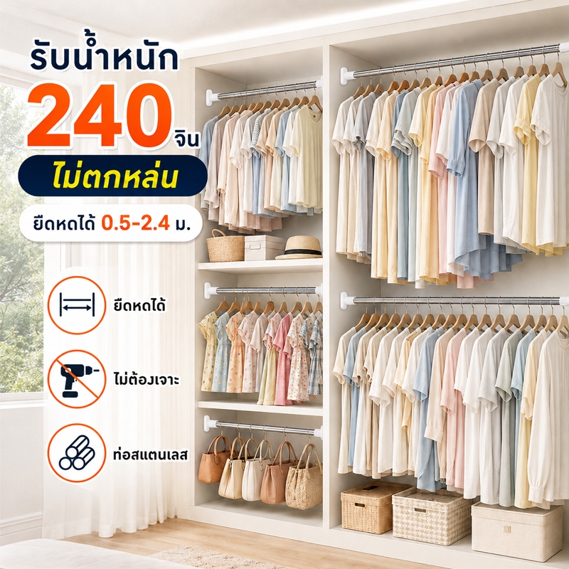 ราวม่านยืดไสลด์ สแตนเลส ราวผ้าม่านไม่ต้องเจาะ รับน้ำหนักได้ดี ปรับความยาวได้ คุณภาพพรีเมี่ยม
