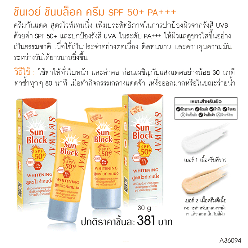 (สินค้าปี 2024) ซันเวย์ ซันบล็อค ครีม SPF50+PA+++ A36094V1