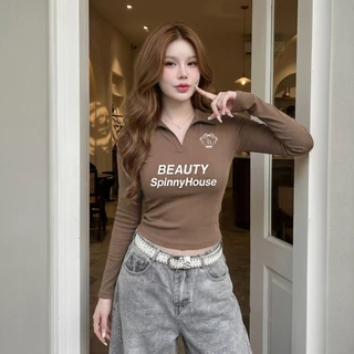 🌈SpinnyHouse🌈เสื้อคอปก แขนยาว ผ้าร่องยืด สาวอวบใส่ได้ สกรีนลายน่ารักๆ มีไซส์ M XL รุ่น ปกดาวBTSP