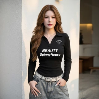 🌈SpinnyHouse🌈เสื้อคอปก แขนยาว ผ้าร่องยืด สาวอวบใส่ได้ สกรีนลายน่ารักๆ มีไซส์ M XL รุ่น ปกดาวBTSP