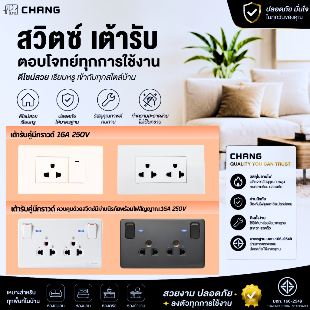 CHANG ชุดสวิตซ์ปลั๊กคู่และปลั๊กเดี่ยวมีกราวด์ 2x4 รุ่นเสียบสาย (ส่งแยกชิ้น ไม่ได้ประกอบ)