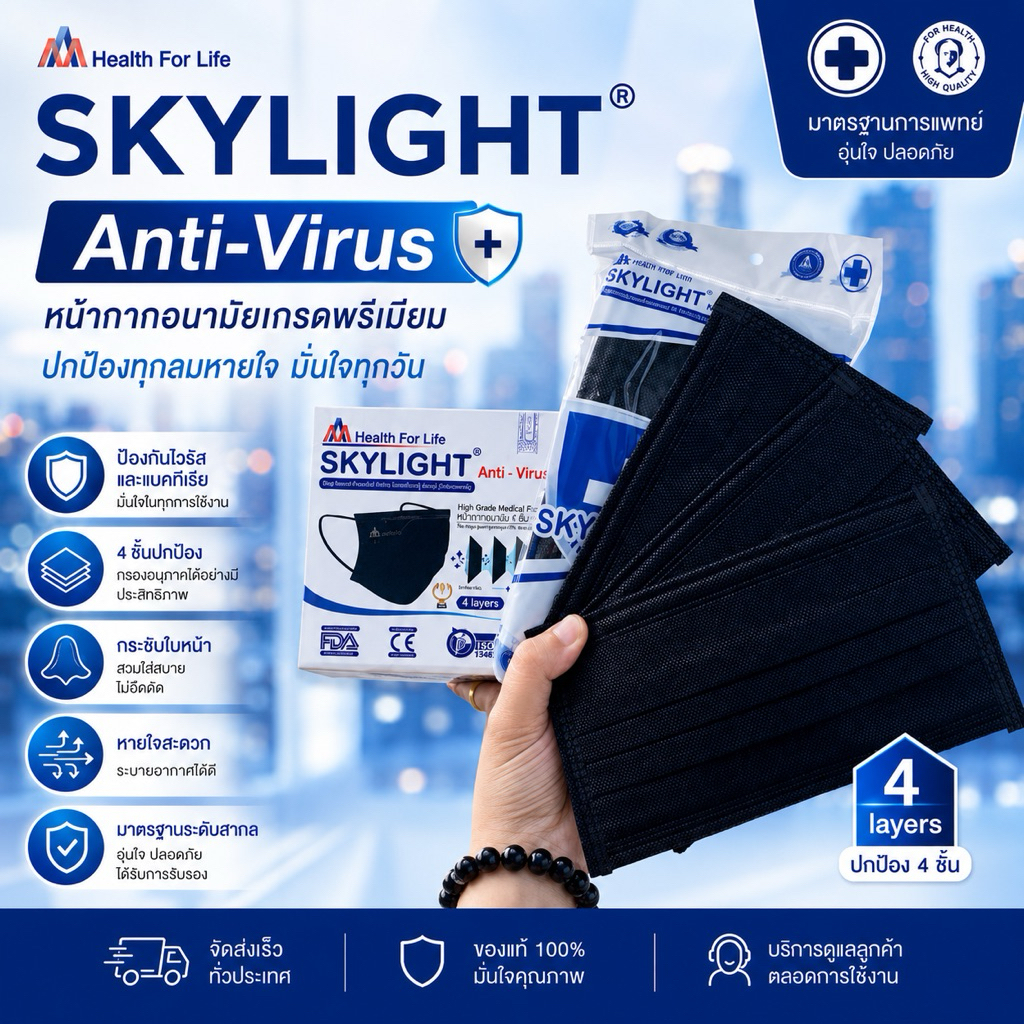 หน้ากากอนามัย ( สีดำ )4 ชั้น เกรดการแพทย์ skylight เวียดนาม หนากว่าปกติ 1กล่อง50ชิ้น