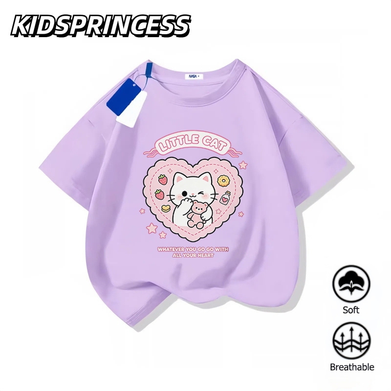 COD(จัดส่งตลอด 24 ชั่วโมง)KIDS PRINCESS เด็กใหม่เสื้อยืดแขนสั้นการ์ตูนพิมพ์รอบคอด้านบน D392
