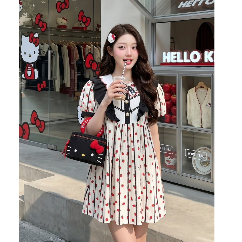 (มี3XL) Maria Diamond สีครีม Kitty You Dress เดรสทรงปบ่อยผ้าคอตตอนพิมพ์ลาย ปกคอบัวงานปัก ซิปหลัง มีซับใน