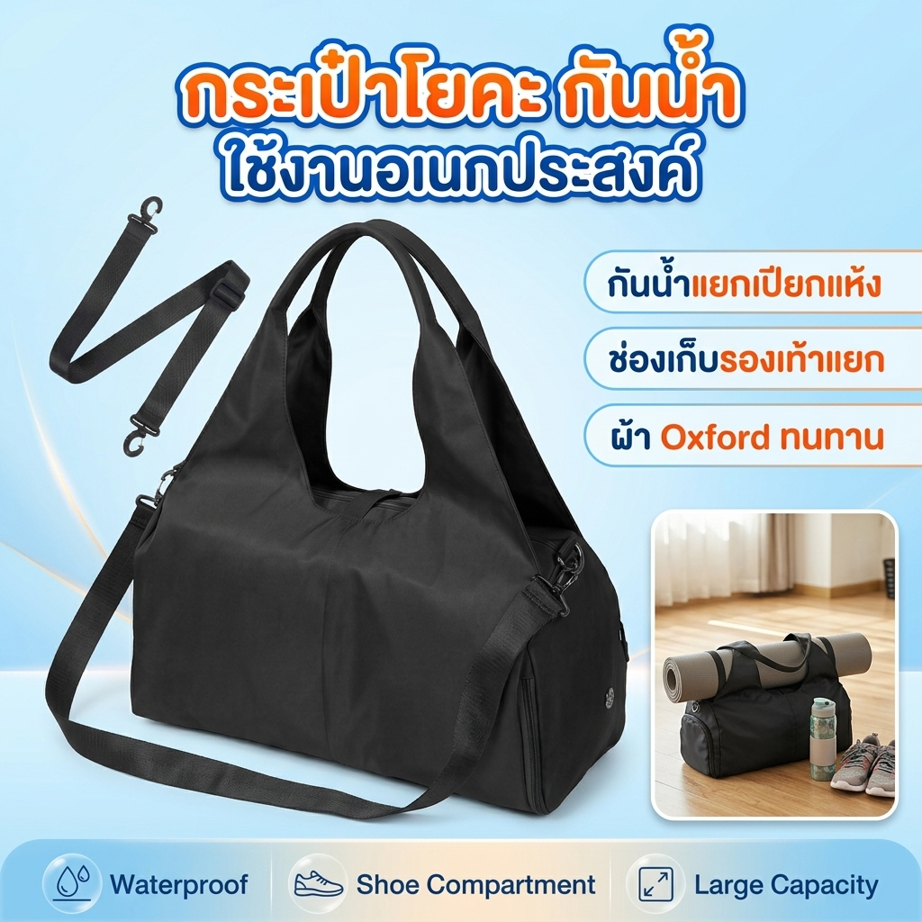 กระเป๋ายิมสำหรับผู้หญิงพร้อมที่วางเสื่อโยคะและช่องใส่รองเท้า กระเป๋าโท้ตโยคะขนาดใหญ่พร้อมช่องเก็บของเปียกแห้ง