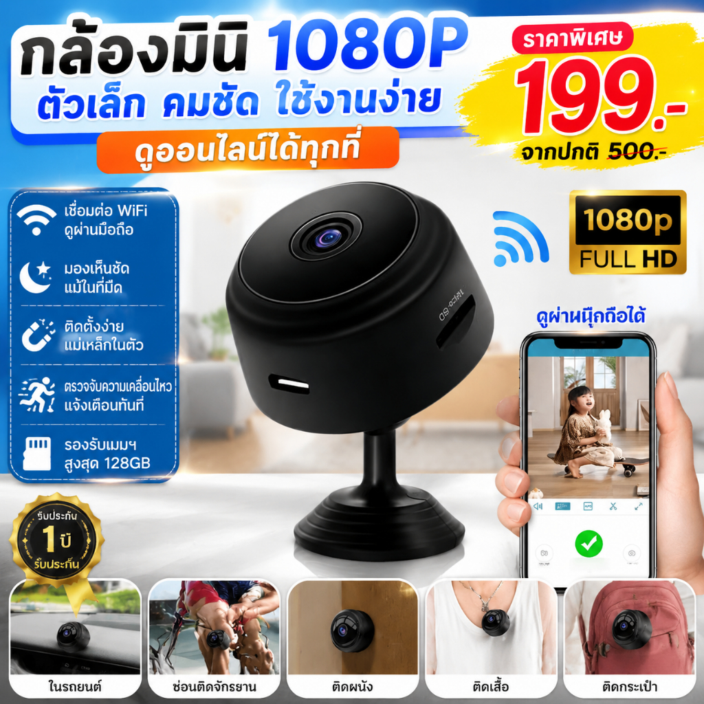 🔥จัดส่งใน 24 ชั่วโมง🔥wifi กล้อ 360 องศา mini camera  HD ไร้สาย  camera ก้องวงจรปิด วงจรปิด  ไม่ต้องเดินสายไฟ