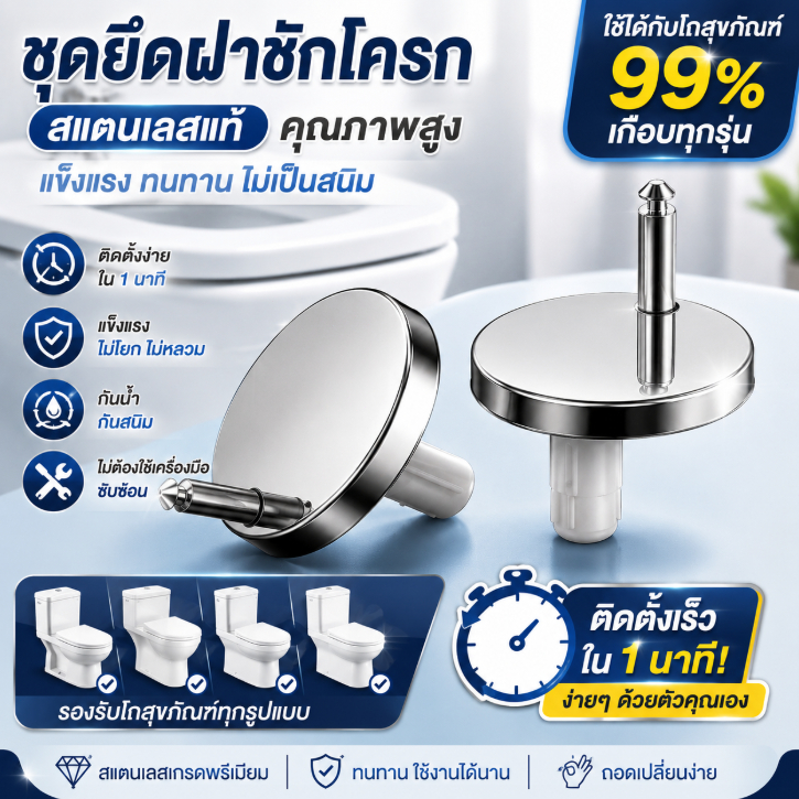 ชุดยึดฝารองนั่งชักโครก สแตนเลสเกรดพรีเมียม กันสนิม ติดตั้งง่ายภายใน 1 นาที ใช้ได้กับโถสุขภัณฑ์ 99% แข็งแรง ไม่โยก ไม่หลว