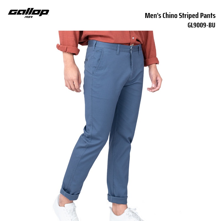 GALLOP Men’s Chino Striped Pants กางเกงขายาวชิโน่ผ้าทอริ้ว ผ้ายืดนุ่ม (GL9009-BU)