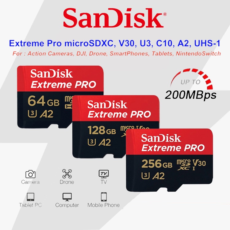 SanDisk Extreme PRO Micro SD Card 4K SDXC 32GB 64GB 128GB 256GB 512GB 1TB 200MB/s เมมโมรี่