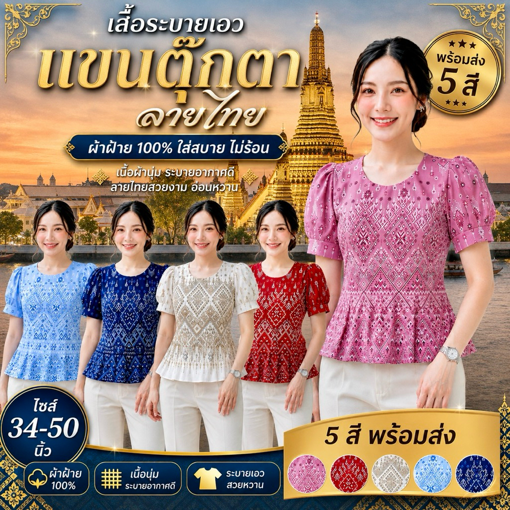 เสื้อคอกลม แขนตุ๊กตา ลายไทยประยุกต์