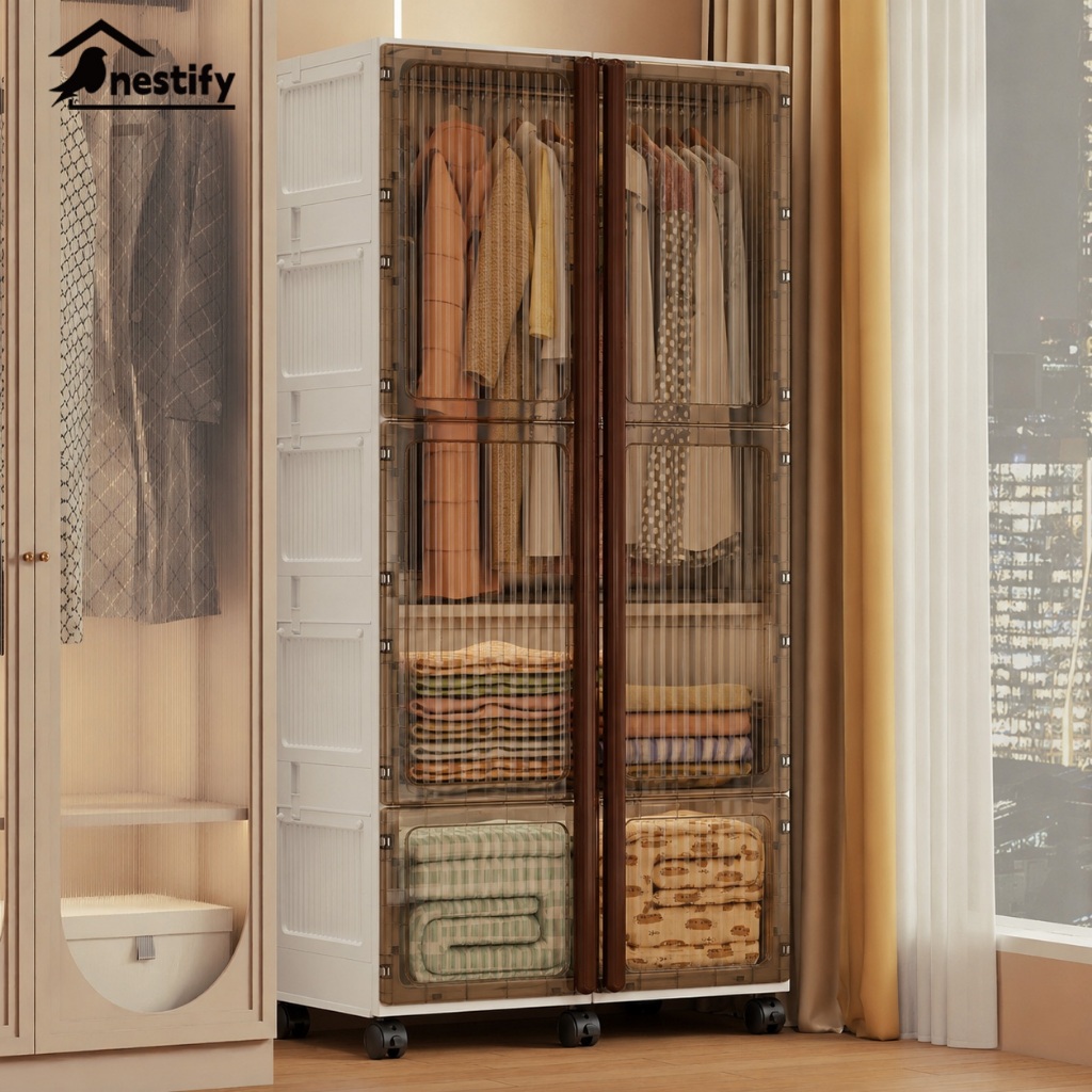 Nestify ตู้เสื้อผ้าผู้ใหญ่ความจุใหญ่ ตู้เก็บของอเนกประสงค์ ประตูใส กันฝุ่น พับได้ พร้อมล้อเลื่อ