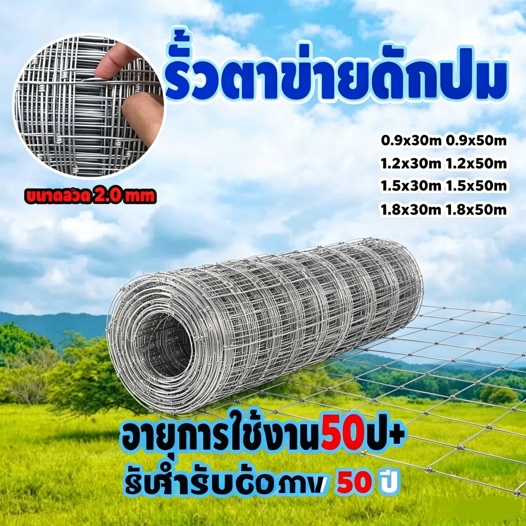 ส่งฟรี!! รั้วถักปม/รั้วตาข่ายแรงดึง ลวดตาข่ายถักปม ลวดหนา2mm. ลวดเหล็กล้อมรั้ว ลวดล้อมไร่สวน ลวดล้อมคอกสัตว์ วัว แพะ