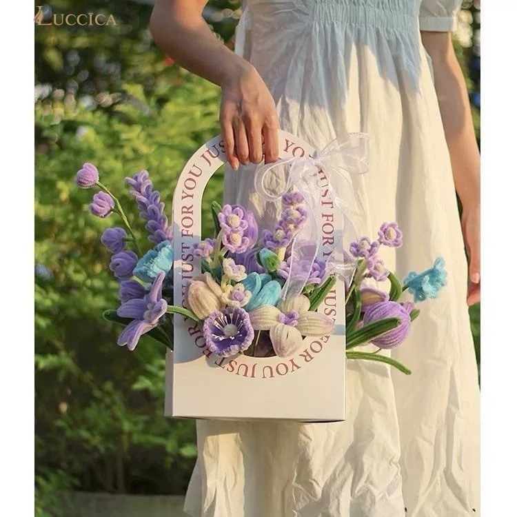 LUCCICA-อุปกรณ์ทำช่อดอกไม้จากไม้กำมะหยี่ DIY สำหรับจัดดอกไม้ในกล่อง ของขวัญถือถือพร้อมโบว์สำหรับเพื่อน(Material kit)
