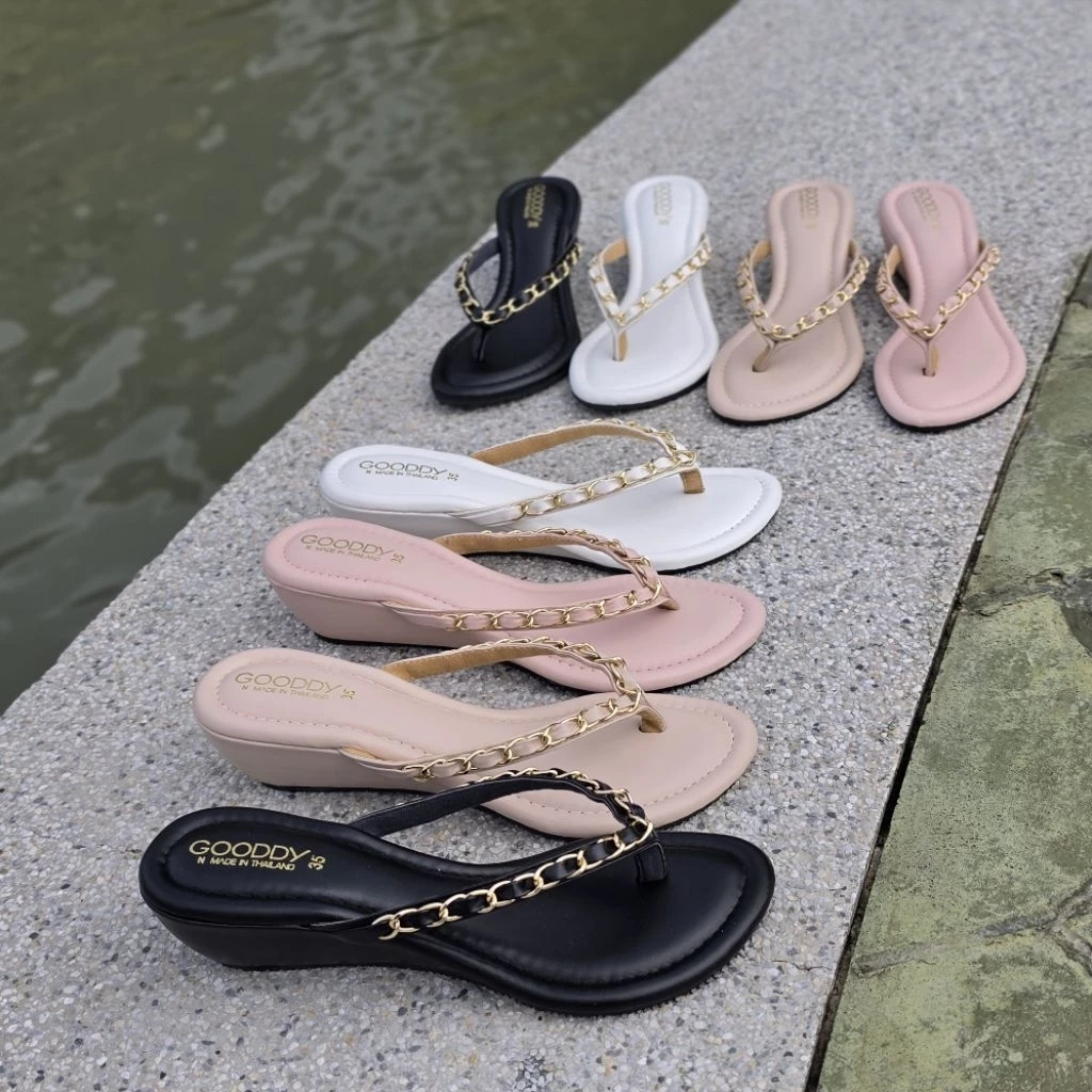 OHODOODEE รองเท้าส้นตึกหูหนีบสายโซ่ รุ่น "Luxury Chain Wedges" N7013