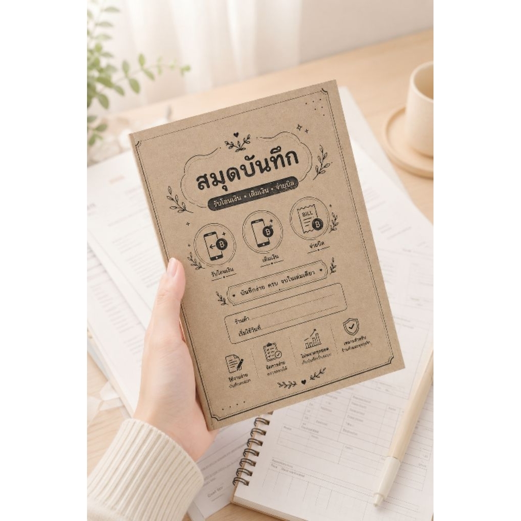 สมุดบันทึกรับโอนเงิน เติมเงิน จ่ายบิล พร้อมตารางแยกสินค้ามี VAT และยกเว้น VAT ช่วยให้ร้านค้าตรวจสอบยอดเงินเข้า-ออก