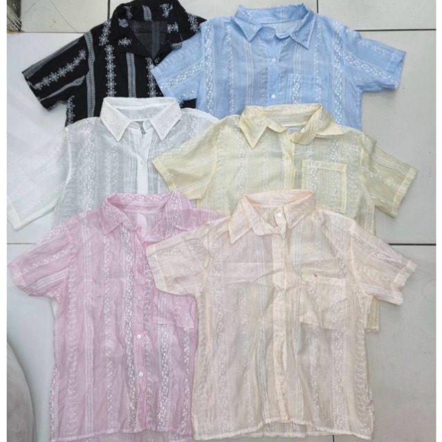 MNV STUDIO (เฉพาะเสื้อ)  เสื้อเชิ้ตสล๊ฟดอกติดปกน่ารักน่ารัก ผ้าใส่สบาย