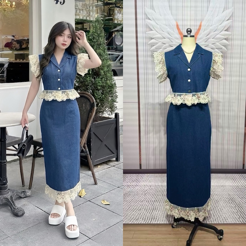 (เสื้อยาว 18” กระโปรงยาว 38“) ปกติ อก.5ได้ ชุดยีนส์ ชุดเซตกระโปรงยีนส์ เสื้อแขนระบายลูกไม้+กระโปรงยาว งานป้าย chalita
