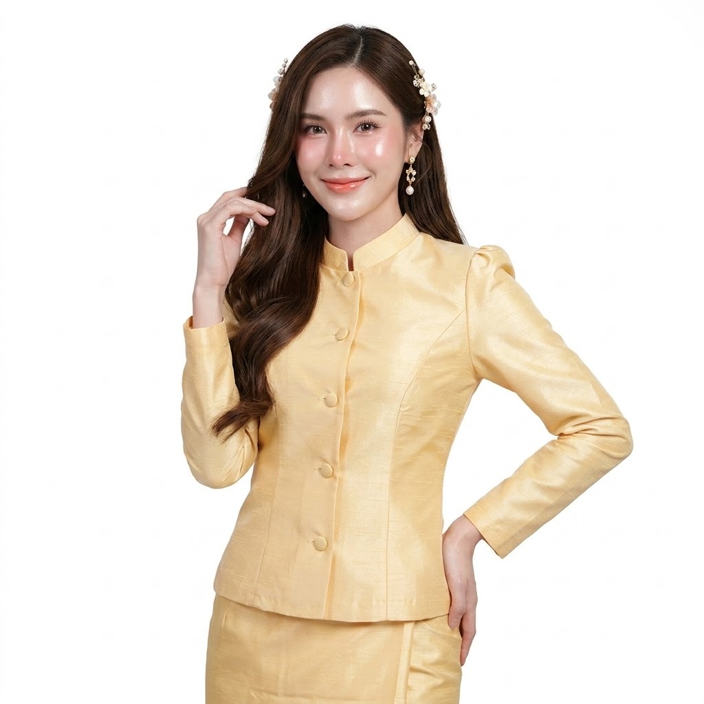 เสื้อจิตลดาไหมสี่เส้น สีไข่ คอจีนแขนยาว เสื้อไปงานบุญ เสื้อใส่ไปวัด ชุดไทยประยุกต์ เสื้อไซส์ใหญ่ อก34-46นิ้ว [M10]