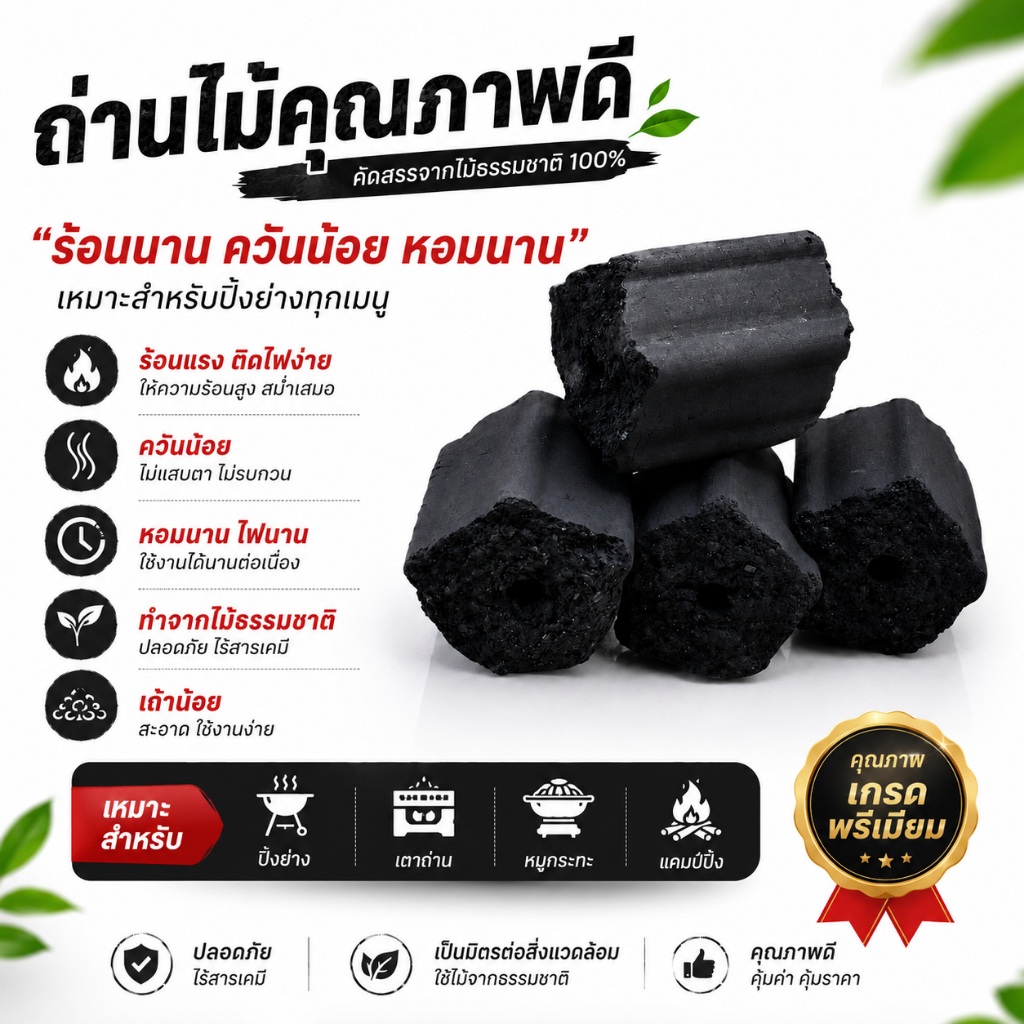 ถ่านอัดแท่ง ถ่านปิ้งย่าง ถ่านเผาไฟ ถ่านไร้ควัน ร้อนสม่ำเสมอ ถ่านดูดกลิ่นตู้เย็น (1 กิโลกรัม)