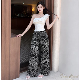 COM507 TARA Pants กางเกงช้างขายาว เอวยางยืด ทรงขากระบอกใหญ่ ผ้าไหมอิตาลีอย่างดี ลายผ้าขา 2 ข้าง ตรงกัน ช้างไม่กลับหัว