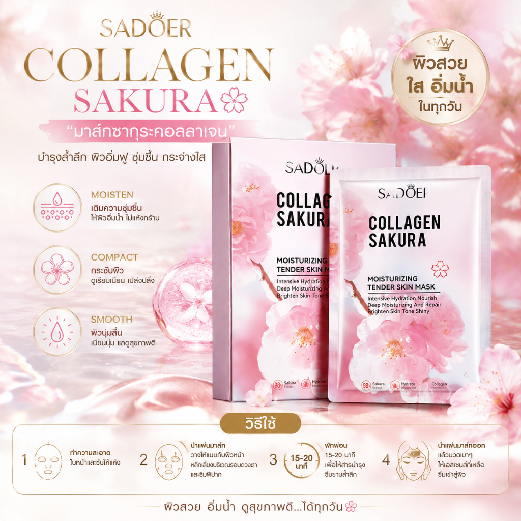 SADOER Sakura Collagen มาส์กซากุระ ฟื้นฟูให้ความชุ่มชื้น ชะลอวัยให้ผิว ชุ่มชื้นอิ่มน้ำ 1กล่อง 10ชิ้น