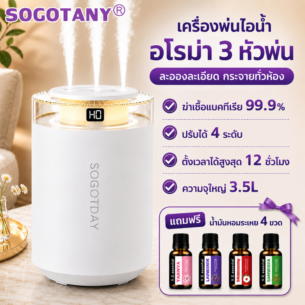 เครื่องพ่นอโรม่า เครื่องพ่น 3.5L อัพเกรด3หัวพ่น เพิ่มน้ำมากขึ้น 60% ให้ความชชื้น 360° เสียงเบา แถมน้ำมันหอม 4 ขวด