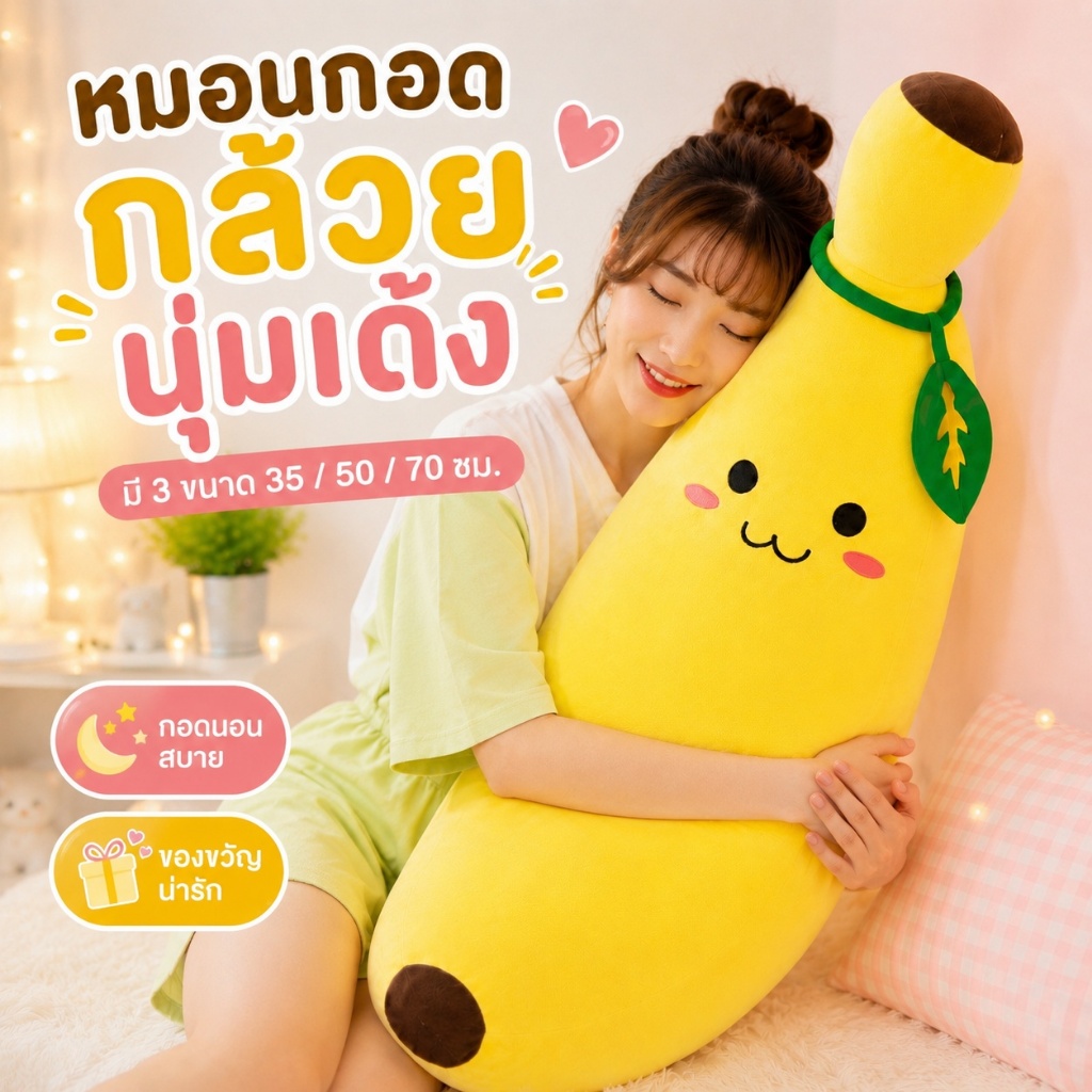 หมอนกอดกล้วยนุ่มเด้ง ตุ๊กตากล้วย หมอนข้างผลไม้ ไส้ใย PP 35/50/70ซม. ของขวัญ แต่งห้อง พร้อมส่ง
